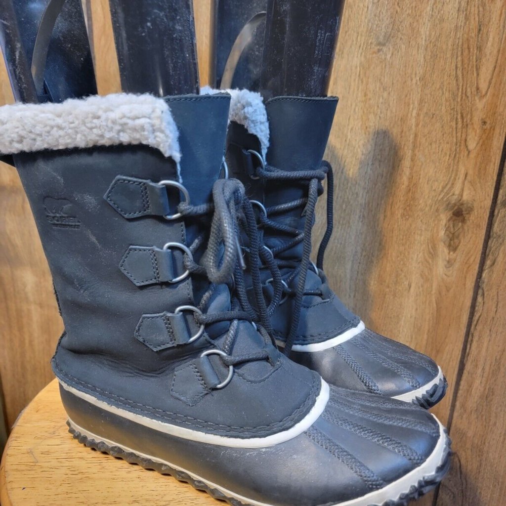 Sorel Caribou Nl2649-010 Women's Black Mid-Calf Faux Fur Winter Boot Size Us 10